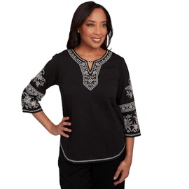 Alfred Dunner Women's Beaded Neck Embroidered Sleeve Top, Large Petite Black