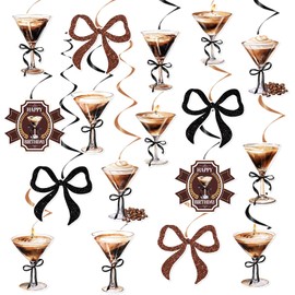 Hokinaa Espresso Martini Birthday Decorations - 30 Pcs A Tiny Bit Older Hanging Swirls, Brown Black Martini Bow Foil Ceiling Streamers, Tini Bar Bachelorette Party Decor Supplies for Girls Woman