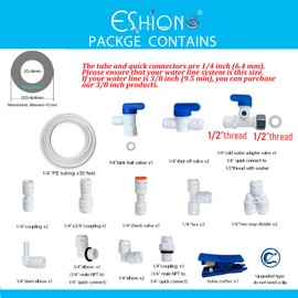 ESHIONG NSF Certified 1/4" O.D. Push to Connect Fittings for RO (Reverse Osmosis) Water Filter（with Shut-Off T Valve）18 pcs+30 feet 1/4" Water tubing.