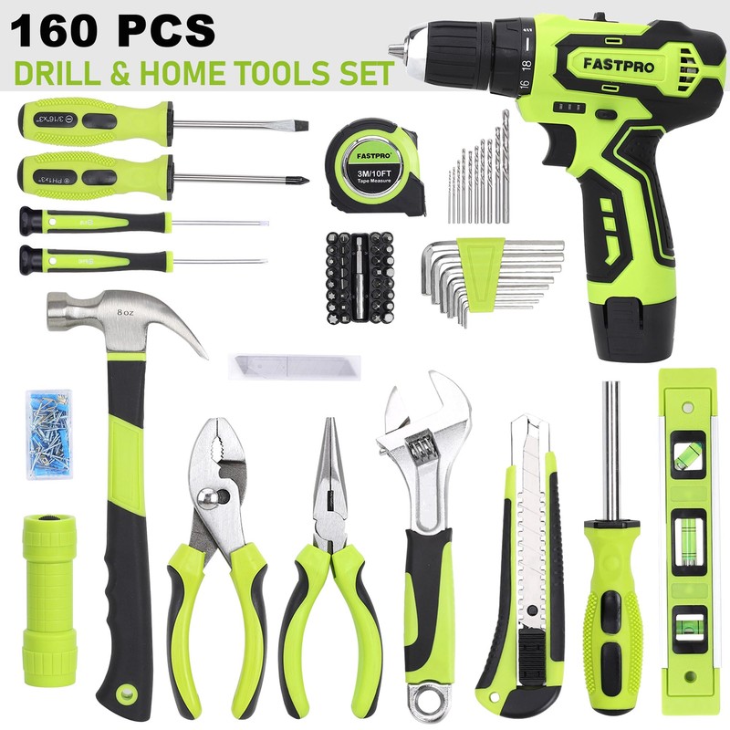 FASTPRO 160-Piece Home Tool kit with Drill, 12V Cordless Lithium-ion