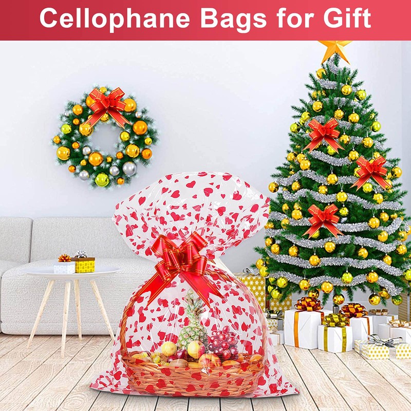 20 Pack Cellophane Basket Bags with Pull Bow Set Christmas