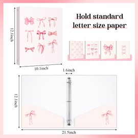 ReliThick 4 Pcs Cute Pink Bow 3 Ring Binder, 1 Inch Round Ring with Interior Pockets, Clipboard Binder, Coquette School Supplies, Decorative Cute Binders for School Office A4 Paper