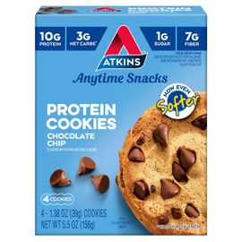 Atkins Chocolate Chip Protein Cookie, Protein Dessert, Rich in Fiber, 3g Net Carb, 1g Sugar, Keto Friendly, 4 Count