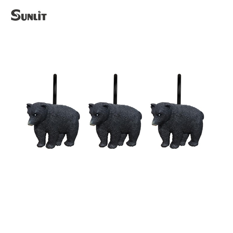 Sunlit Rustic Decorative Shower Curtain Hooks, Black Bear Shower Curtain