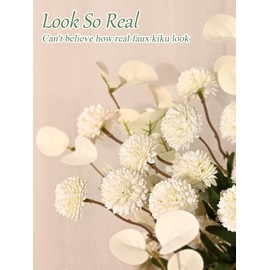 10pcs Fake Flowers Faux Silk Pompon Mums, Bulk Fake Mini Chrysanthemums with 2pcs Eucalyptus Stems, Artificial Kiku Flowers for Vase DIY Centerpieces Bouquet Floral Arrangements Decorations, White