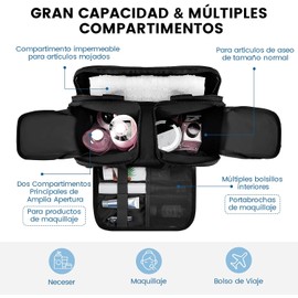Neceser de Viaje para Mujer, Gran Capacidad, Impermeable (Negro) con Compartimentos Separados, Bolsa de Aseo de Viaje, Nailon, Organizador de Cosméticos para Accesorios Artículos Aseo