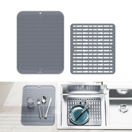 GSlife Silicone Dish Drying Mat and Sink Mat - 2 in Set of Food Grade Silicone Mat and Sink Protector Mat for Kitchen Sink Counter, Heat Resistant, Grey
