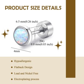 Women Flat Back Earrings, Titanium Earring Studs for Sensitive Ears, Hypoallergenic Opal Studs Earings for Multiple Piercings, Men Flatback Earrings Nickel Free(Opal- Fire and Snow-17, 4MM)