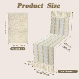 Table Runner Set Including 180cm Long Tablecloth with Tassels and 4PCS PVC Place Mats, Cotton Rustic Farmhouse Table Runner, Table Placemats Non-slip Heat Insulation for Kitchen Dinning Restaurant