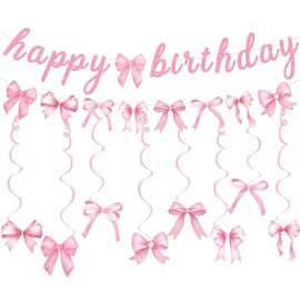 Pink Bow Happy Birthday Banner Garland and Hanging Swirls for Girl Pink Bow Coquette Birthday Party Decorations