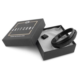 Akitsune Pathfinder Synthetic Leather Bracelet | Magnetic Clasp Stainless Steel - Braided Mens Bangle Wristband | incl. Beautiful Jewelry Gift Box - Black-Black - 17cm