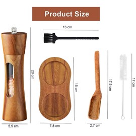 Auciej Salt and Pepper Mill Wooden Set Manual Pepper Mill Ceramic Grinder Spice Mill Salt Mill with Saucer Adjustable for Spices Pepper Salt Set of 2 20 cm
