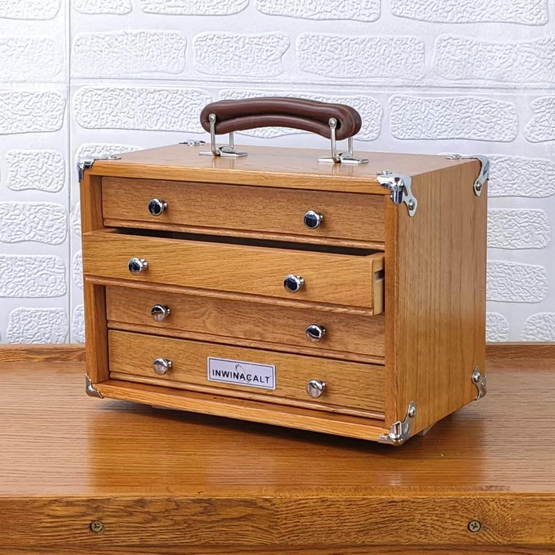 INWINACALT Oak Wood 4 Drawers Portable Toolbox, Leather Handle, FT0104