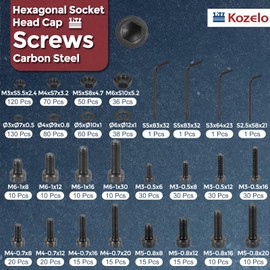 Kozelo 860pcs Socket Head Cap Screws Bolts Nuts Assortment Kit - [M3/M4/M5/M6] Alloy Steel Black Oxide 12.9 Internal Hex Screw for 3D Printer Use, with Wrench