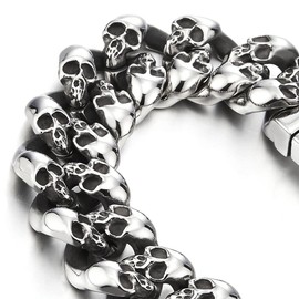 COOLSTEELANDBEYOND Biker Gothic Skull Link Stainless Steel Bracelet for Men 8.5 inches Vintage Old Metal Finishing(CA)