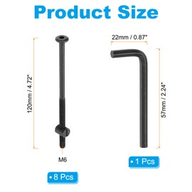 PATIKIL M6 x 120mm Bunk Bed Bolts, 8 Pack Hex Drive Socket Cap Barrel Screws Bolt Nuts Assortment Kit with 1Pcs Wrench for Furniture Bed, Black