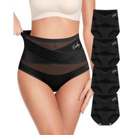 MIOTAN Women's Underwear 4 Pack High Waisted Tummy Control Ladies Panties Postpartum Compression Shaping,Black-L
