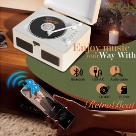 RetroBeat Time Vintage Portable Music Box – CD with Speakers, Bluetooth Transmitter, Rechargeable, USB/AUX, Multi‑Mode Gift(White)