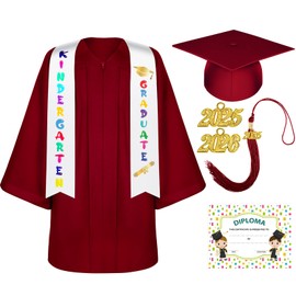 Lasnten Unisex Matte Kindergarten Graduation Gown Cap Tassel Set with 2025/2026 Charm Printed Stole for Kid Grad Gift(27,Dark Red)