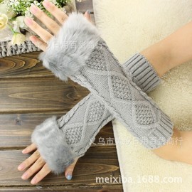 Korean Style Fall/Winter Half Faux Rabbit Fur Riding Cable Knit Arm Warmers Brown 55 10ea