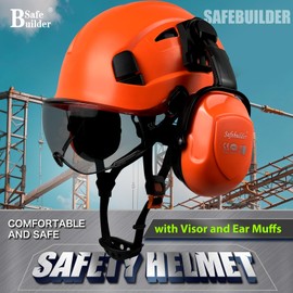 SAFEBUILDER Construction Safety Helmet with Visors Clear & Tinted Earmuffs Hearing Protection Industrial Work Hard Hat for Engineer (Orange Helmet with Tinted Visor & O07Earmuffs)