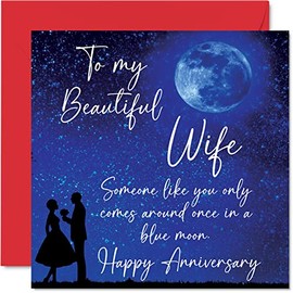 Special Anniversary Card for Wife from Husband - Once in a Blue Moon - Cute Romantic Wedding Anniversary Card for Women Her, 145mm x 145mm Greeting Cards for Fiance Fiancee