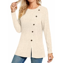 TAOHUADAO Women's Long Sleeve Jumpers Crewneck Tunic Tops with Button Sides Loose Casual Fall Sweater Shirts for Leggings M, Beige