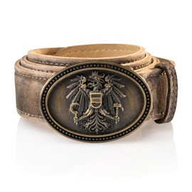 Schöneberger Trachten Couture Franco Men's Costume Belt Austria, Leather Belt with Austria Eagle Buckle, Lederhosen Belt Made of Wild Bock Leather, Peat Brown