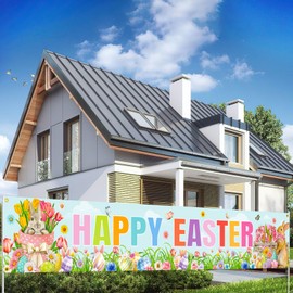 JUNEBRUSHS Happy Easter Banners for Outside, Large Long Spring Bunnies Easter Banner Easter Egg Hunt Decorations Butterfly Flower for Indoor Easter Theme Party Rustic Lawn Sign（9.8 x 1.6 ft）