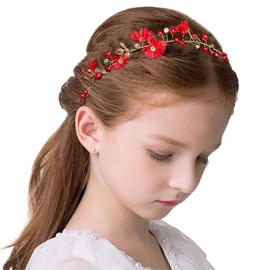 Bride Red Flower Girls Hair Accessories Gold Leaves Floral Headpiece Hair Vine Tiaras for Women Wedding Engagement Party