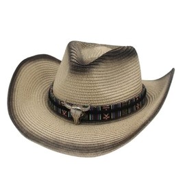 AHDMR Unisex Cowboy Hat Summer Panama Breathable Straw Hat Gradient Sun Hat Beach Wide Brim Cowgirl Hat Western Sun Protection UV Protection Fedora and Trilby Foldable, Beige & Black