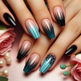 Gradient Black Press on Nails Long Coffin Fake Nails with Black Flower Design Ombre Blue Glue on Nails Line False Nails Glossy Spring Nails Reusable Summer Nails for Women Girls Manicure 24pcs