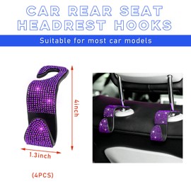 Ohleats 4 PCS Bling Car Seat Headrest Hooks, Crystal Rhinestone Back Seat Hanging Storage Organizer, Vehicle Seat Hanger Holder for Purse Handbag Coat, Interior Car Accessories (Purple)