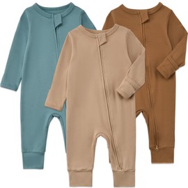 Aablexema 3-Pack Organic Cotton Baby Footless Pajamas with Mitten Cuffs, 2-Way Zipper Romper Sleepers(Camel/Coffee/Green,Newborn)