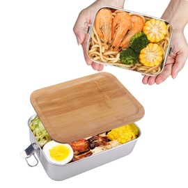 Rongxze Adult Lunch Box, Stainless Steel Lunch Box with Wooden Lid, 1400 ml, BPA-Free, for Lunch Boxes, Travel Picnics, High-Quality Box, Large Portions