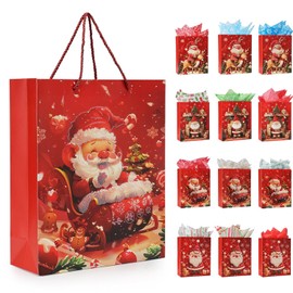 Rusikia Mini 12 Christmas Gift Bags with 12 Tissues Paper 1 Satin Ribbon, Red Party Favor Bags Bulk with Handles, Glittery Cute Father Christmas Goodie Bag for Wrapping, Present (Small 9"x7"x3")