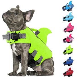 AOFITEE Life Jacket Dogs Medium Shark, Adjustable Dog Life Jacket Shark with Rescue Handle, Reflective Life Jacket Dog High Flotation Life Jacket for Medium Dogs, Green, M
