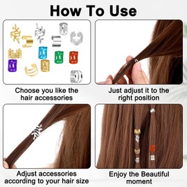 110 PCS Hair Cuffs, Adjustable Metal Gold Hair Cuffs, Reusable Dreadlock Accessories, Suitable for Girls Women Men's Hair Braids Decoration, Party Music Festival, Gold, Silver, Colorful