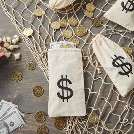 Juvale Drawstring Money Bags for 1920s Party Decorations - 4.7 x 9 In, White, Pack of 12 - Burlap Money Bags with Dollar Sign for Adults & Wild West Party Decoration