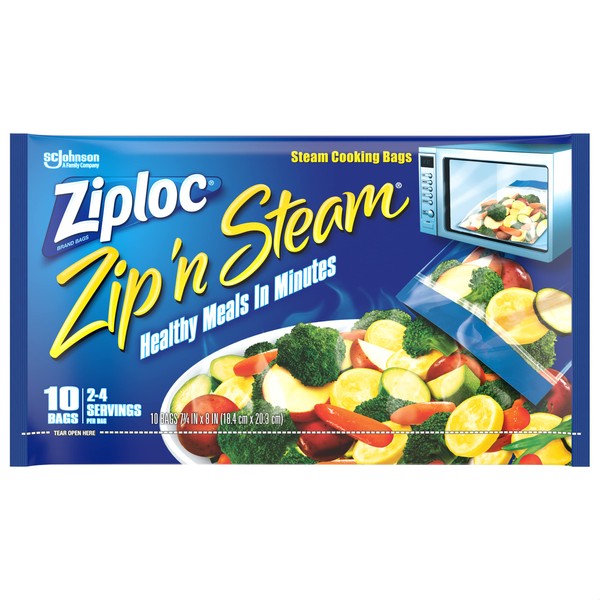 Ziploc Zip 'n Steam Food Storage Bags for Meal Prep, Healthy Meals in Minutes, Microwave Safe, 10 Count