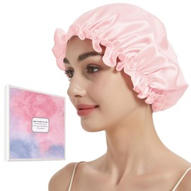 Rutschfest Seidenmütze, bonnet seide,Pink schlafhaube seide, 100% Seidenhaarbänder zum schlafen für Damen, 6A, geeignet für lockiges und langes Haar, elastisch, in Geschenkbox verpackt