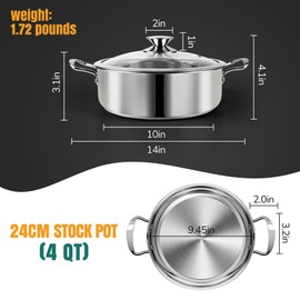 AuFranc® 4 Quart Tri-ply Stainless Steel Stockpot with Glass Lid, Induction Stock Pot Compatible with All Cooktops, Non-Toxic Soup Pot with Riveted Handles, Oven & Dishwasher Safe (Silver)