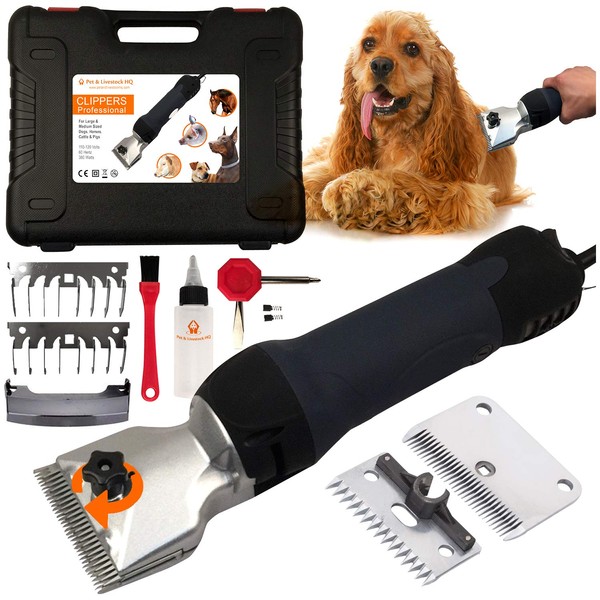 Pet & Livestock HQ 380W Professional Dog Grooming Clippers Kit, Dog Haircut Machine, Heavy-Duty, Electric Hair Trimmer only for XL & Large Dogs with Thick Coats, Horses, Equine, Cow, 2 Blades, 2 Guard