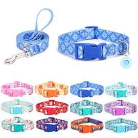SLZZ Dog Collar with Lead Airtag Holder Case Set - Dog Collars for Male Female Boy Girl Puppy X Small Small Medium Large Dogs Walking Running Training - Blue Geometry S