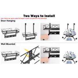 Siyzda Ironing Board Hanger, Metal Over The Door or Wall Mounted Ironing Board Caddy, Ironing Board Storage Shelf with Adjustable Hooks for Laundry Room, Living Room, Bathroom (Matte Black)