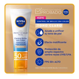 Protector Solar Facial NIVEA SUN Control Brillo Tono Claro, Cobertura de Larga Duración FPS 50+ 50ml
