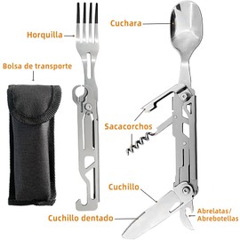 EKEJLI Juego de cubiertos camping 5 en 1, cubiertos plegables multifuncionales，navaja multiusos, navaja tactica，cubiertos de acero inoxidable portatil，adecuado para viajes al aire libre y camping