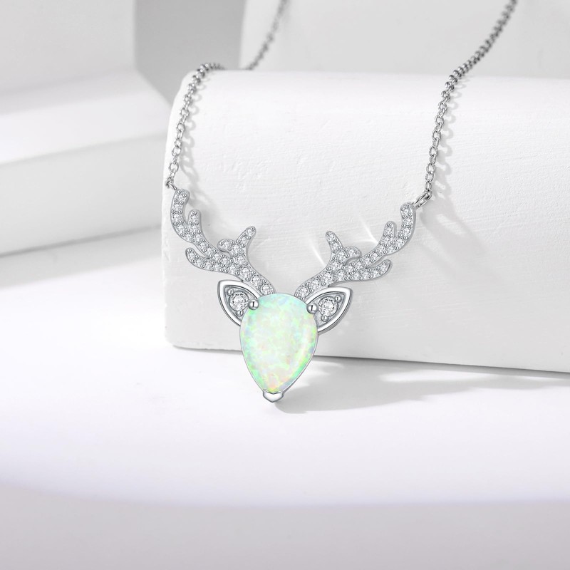 Shroova Pear-cut Opal Necklace Elk Pendants,925 Sterling Silver Hypoallergenic Christmas