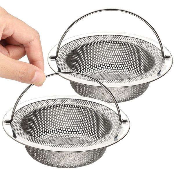 Tahbarshi 2 Pack Kitchen Sink Strainer, Stainless Steel Large Sink Sieve with Lift-up Handle, Dia 7.5cm Anti Clogging Drain Strainer Sink Food Catcher Basket, Outer Rim 11cm