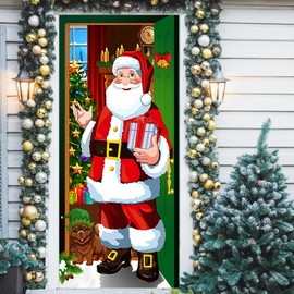 VOPIWOZ Christmas Door Cover, 90 x 185 cm Door Curtain Christmas, Hanging Santa Claus Decoration, Outdoor Door Curtain, Door Decoration Christmas with Ribbon, Christmas Banner for Winter Decoration,